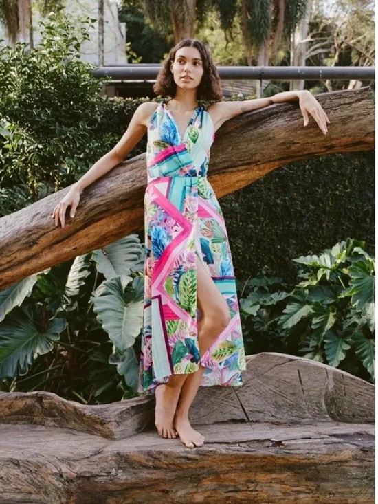 Zara Dresses & Skirts - Zara Tropical Satin Maxi Dress Open Back Resort